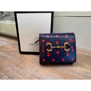 Gucci Horsebit Navy Blue with Red Dots Compact Wallet